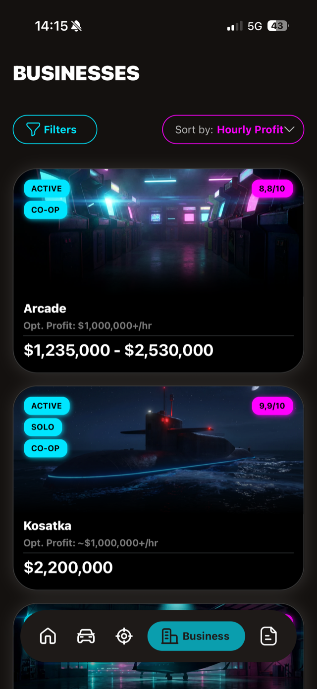GTA Companion businesses comparison screen