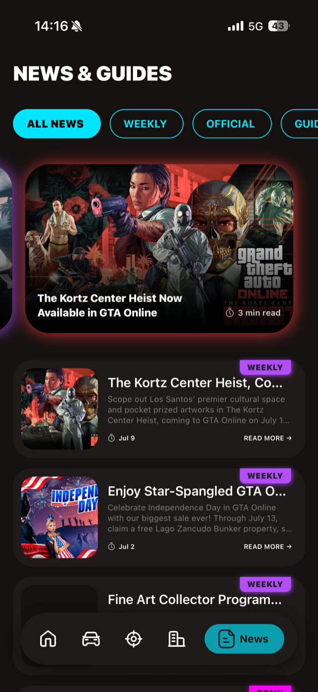 GTA Companion home screen with news and guides