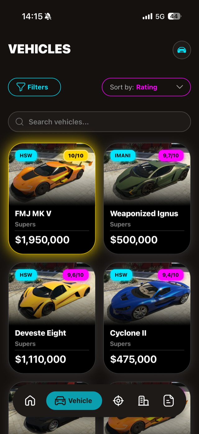 GTA Companion vehicle database screen